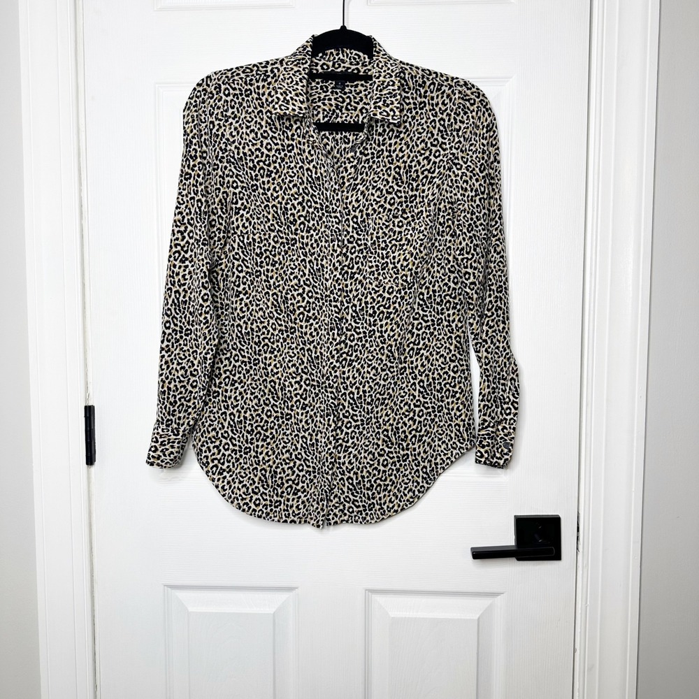 J.Crew 100% Silk Button Down Shirt Womens 4‎ Leopard Print Blouse Career Office